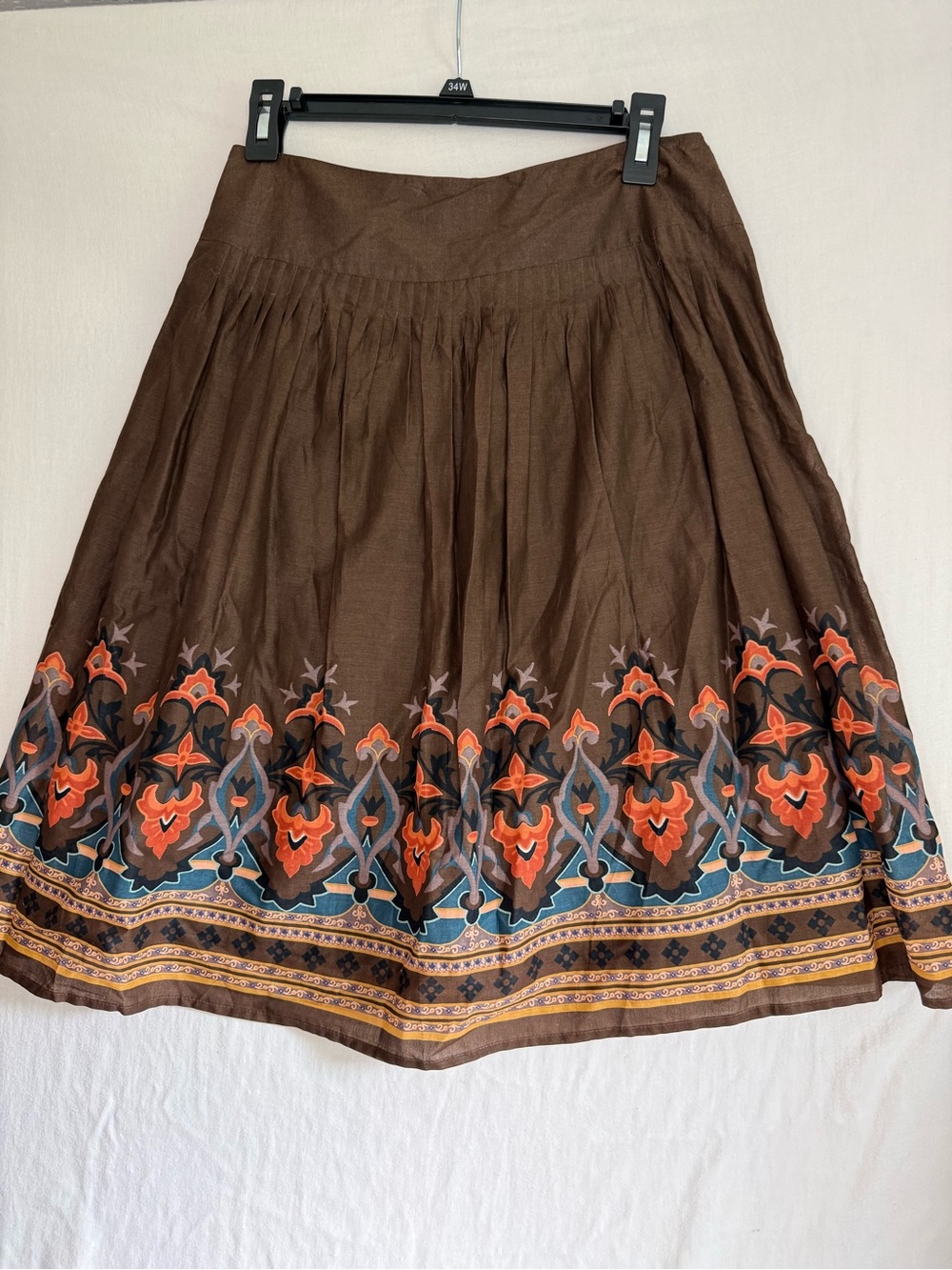 Apostrophe Brown Boho Pleated Cotton Circle Skirt with Orange & Teal Size 6